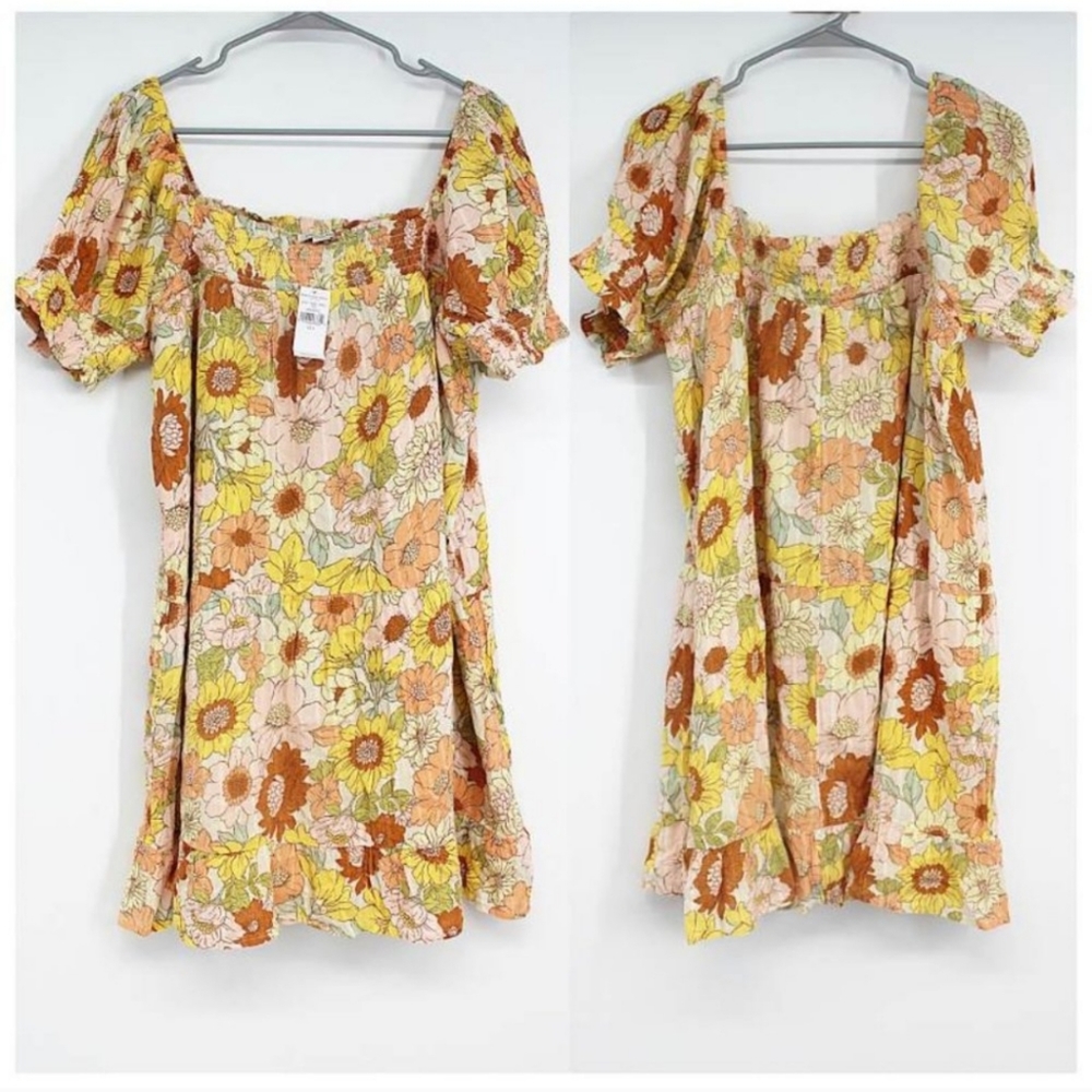 NWT American Eagle Daisy Floral Yellow Green Orange Boho Peasant Mini Dress L